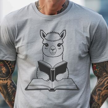 An illustration of a calm alpaca sitting on the ground, reading a book.