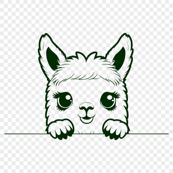 An illustration of a friendly alpaca peeking from behind a fence, suitable for use in various digital designs.