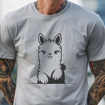 A vector illustration of a curious alpaca peeking out from behind a tree, suitable for digital designs.