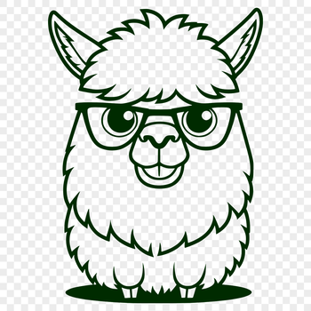 A smiling alpaca with glasses sitting on a rock, ideal for use in vector designs and illustrations.