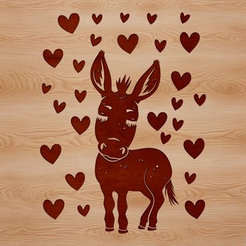 An illustration of a standing donkey with heart symbols surrounding its body.