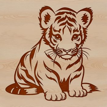 A stylized illustration of a sitting tiger, depicted as a wild animal native to Asia.
