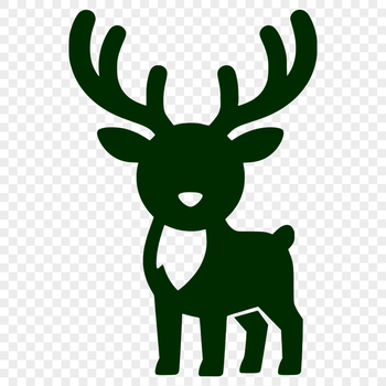 A stylized illustration of a reindeer with antlers and a red nose.