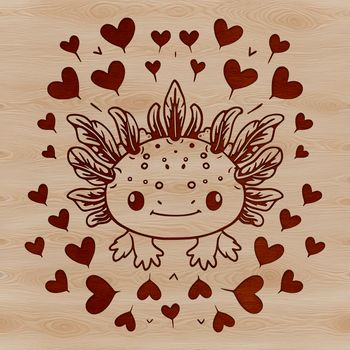 A cute axolotl salamander with love hearts surrounding its head.