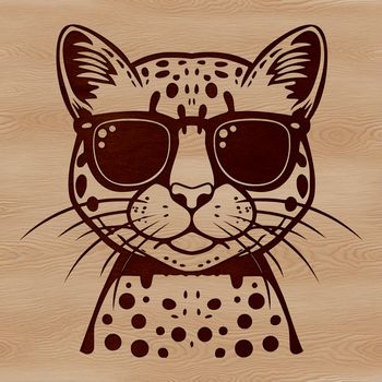 A close-up illustration of a wild ocelot's face with sunglasses, highlighting its distinctive facial features.
