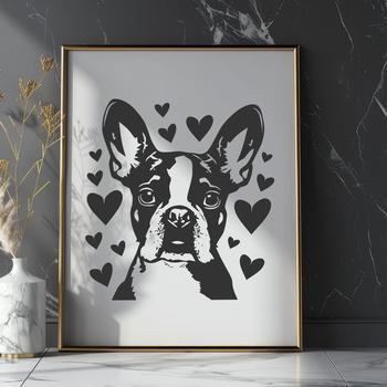 Vector illustration of a cute Boston Terrier's head with love hearts surrounding it.