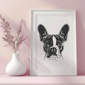 A digital illustration of a Boston Terrier's head, designed as vector art for various applications.