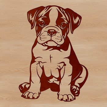 Illustrative vector design of a sitting Boxer dog with simple lines and shapes.