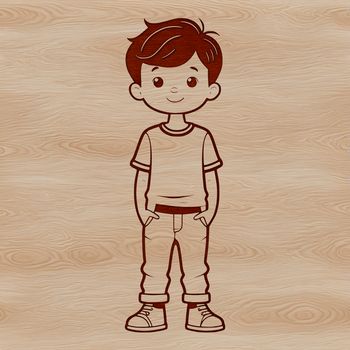 A simple line art illustration of a young boy in casual attire.