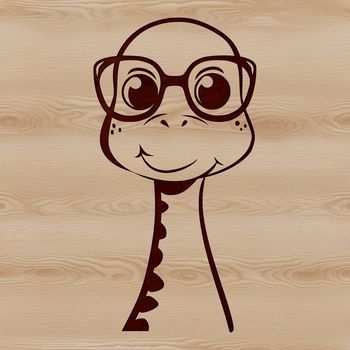 A baby Brachiosaurus dinosaur wearing glasses, depicted in a prehistoric scene.