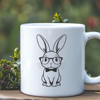 A cartoon rabbit sitting with spectacles perched on the end of its nose.
