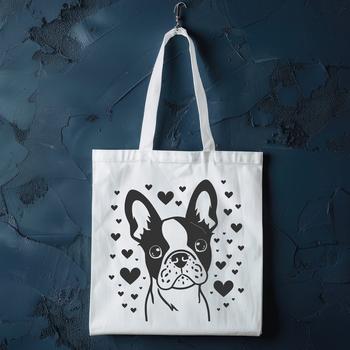 A cartoon-style illustration of a Boston Terrier with love hearts surrounding its head.
