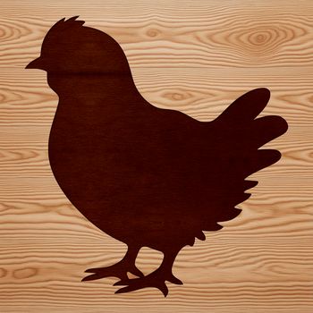 A simple silhouette of a chicken in a farm setting.