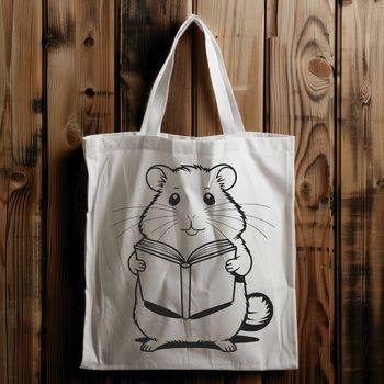 A cartoon hamster sitting on a pile of books, reading with a curious expression.