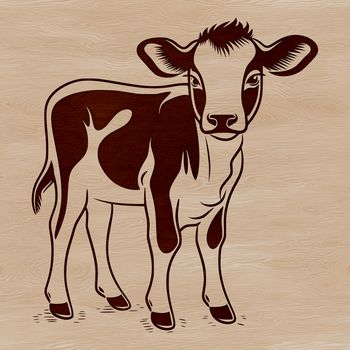 An illustration of a cow standing in a green field with rolling hills.