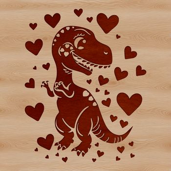 A prehistoric baby dino with colorful love hearts surrounding its body.