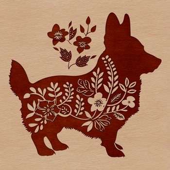 A standing Welsh Corgi breed dog with ornate floral patterns on its coat.