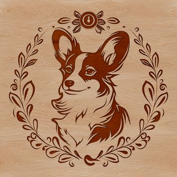 A portrait of a Welsh Corgi breed dog's head.