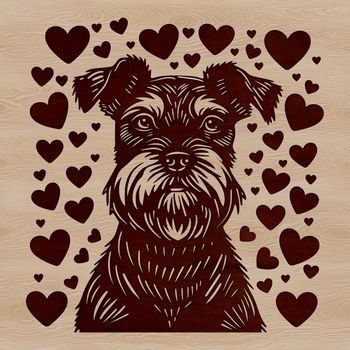 A close-up illustration of a happy miniature schnauzer dog's head, featuring love hearts on its fur.