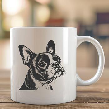 A black and white illustration of a Boston Terrier's head, suitable for vector graphics design.