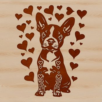 A sitting dog with love hearts surrounding its body.