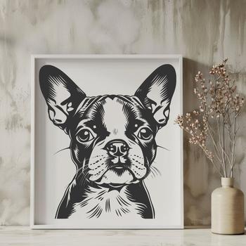 A vector illustration of a Boston Terrier's head, suitable for personal or commercial use in graphic design projects.
