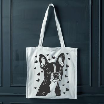 A cute Boston Terrier dog breed illustration with heart accents on its head.