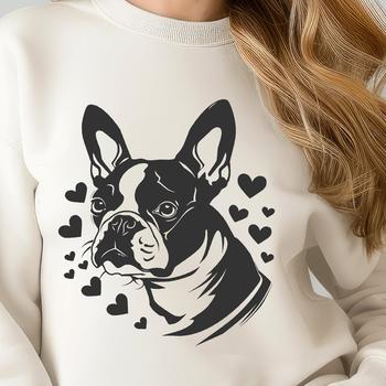 A vector graphic design featuring the face of a Boston Terrier with heart motifs incorporated into its depiction.