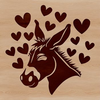 An illustration of a donkey's head with heart decorations.