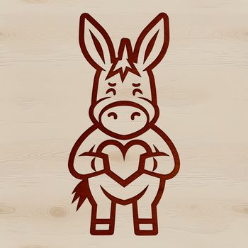 A simple line drawing of a cute standing donkey with heart symbols surrounding its body.