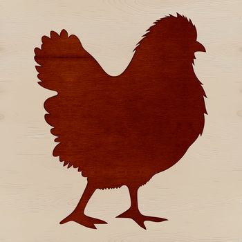 A stylized silhouette of a chick standing on a farm background.