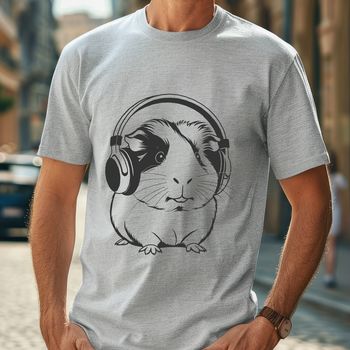 A vector illustration of a happy guinea pig wearing headphones, suitable for custom designs and crafting projects.