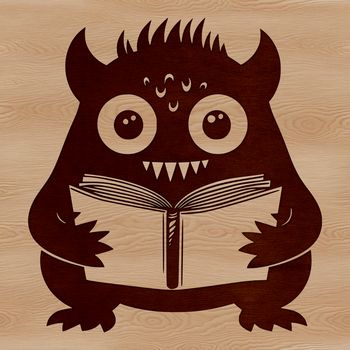 A cartoon monster sitting on the floor reading a book, designed as a vector graphic for various uses.