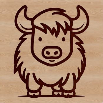 A simple line drawing of a cute highland cow standing in a landscape.