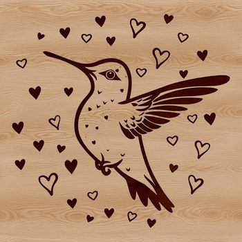 A detailed illustration of a hummingbird in mid-flight, surrounded by love hearts.