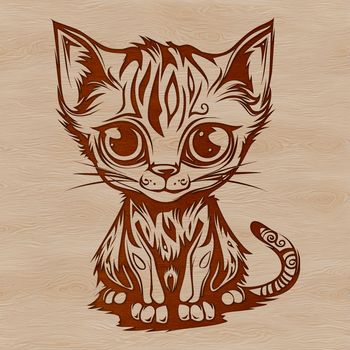 A colorful kitten sitting on the floor with intricate details.