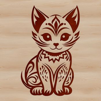 A playful kitten sitting on a decorative surface, with intricate details making it suitable for vector design.
