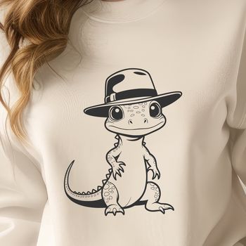 A colorful, illustrated lizard wearing a hat.