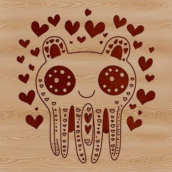 A smiling monster with love hearts on its face.