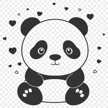 A stylized illustration of a panda with love hearts surrounding its body.