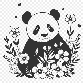 A simple illustration of a panda sitting on its hind legs, surrounded by a subtle floral pattern.