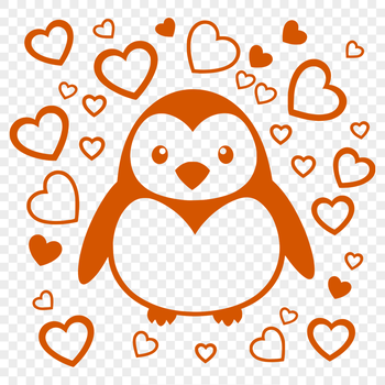 A black and white illustration of a penguin featuring love hearts, suitable for use in design projects.