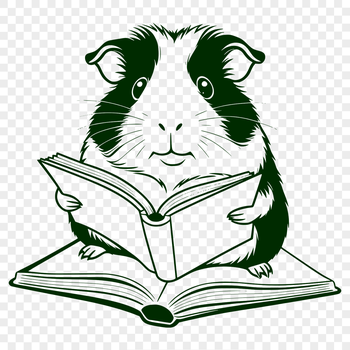 A guinea pig sitting with a book, representing pet companionship and quiet time.