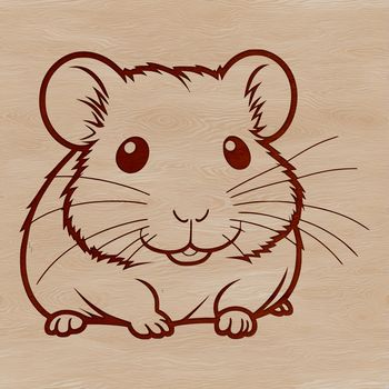 A small, furry hamster sits in a wheel, surrounded by a simple border.