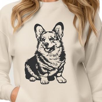 A cartoon-style illustration of a Welsh Corgi sitting on its haunches, depicted in a simple yet detailed vector format.