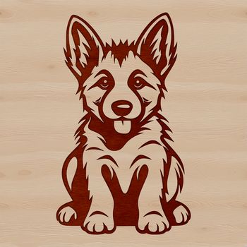 A vector illustration of a German Shepherd sitting calmly with its head slightly lowered.