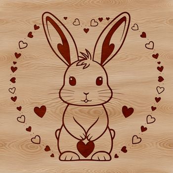 A cute cartoon rabbit sitting on its hind legs with love hearts surrounding it.