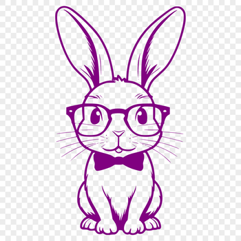 A cartoon rabbit sitting on its haunches, wearing round glasses in a playful pose.