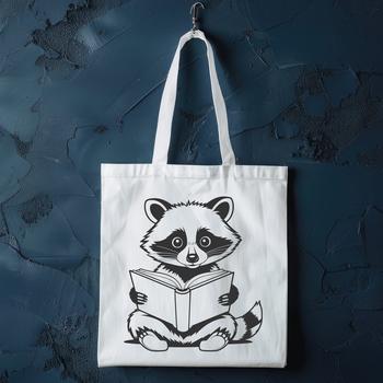 A raccoon character sitting on a pile of books, reading with interest.