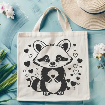 A cartoon racoon with heart symbols surrounding it.